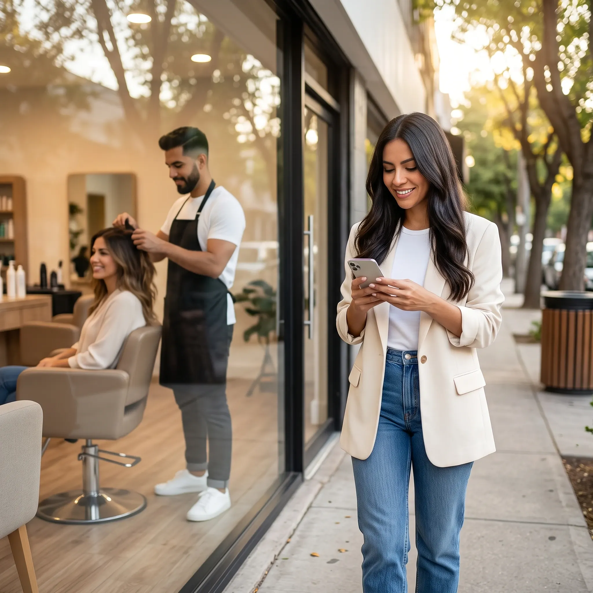 Una mujer mira su celular en la vereda, frente a la vitrina de un salón de belleza donde un estilista atiende a una clienta