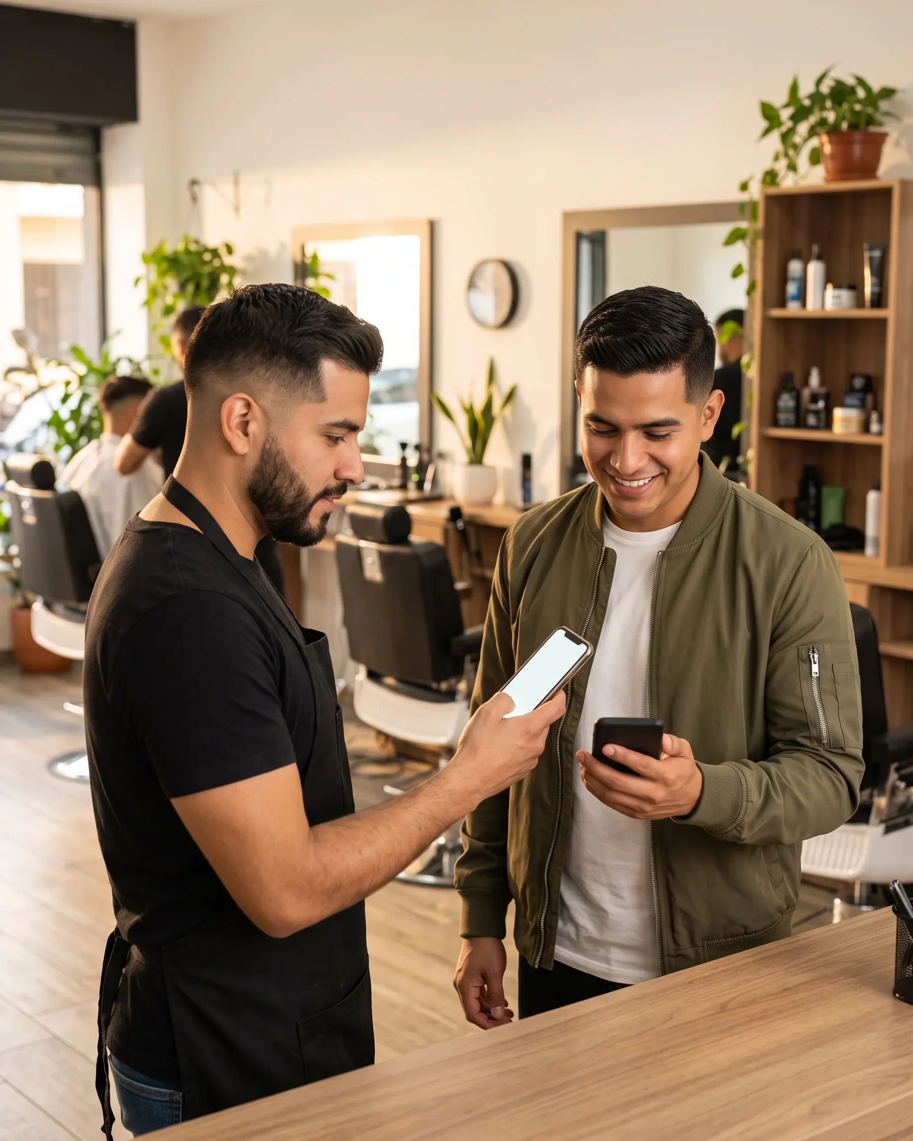 Un barbero y su cliente, cada uno con su celular, junto al mostrador de una barbería
