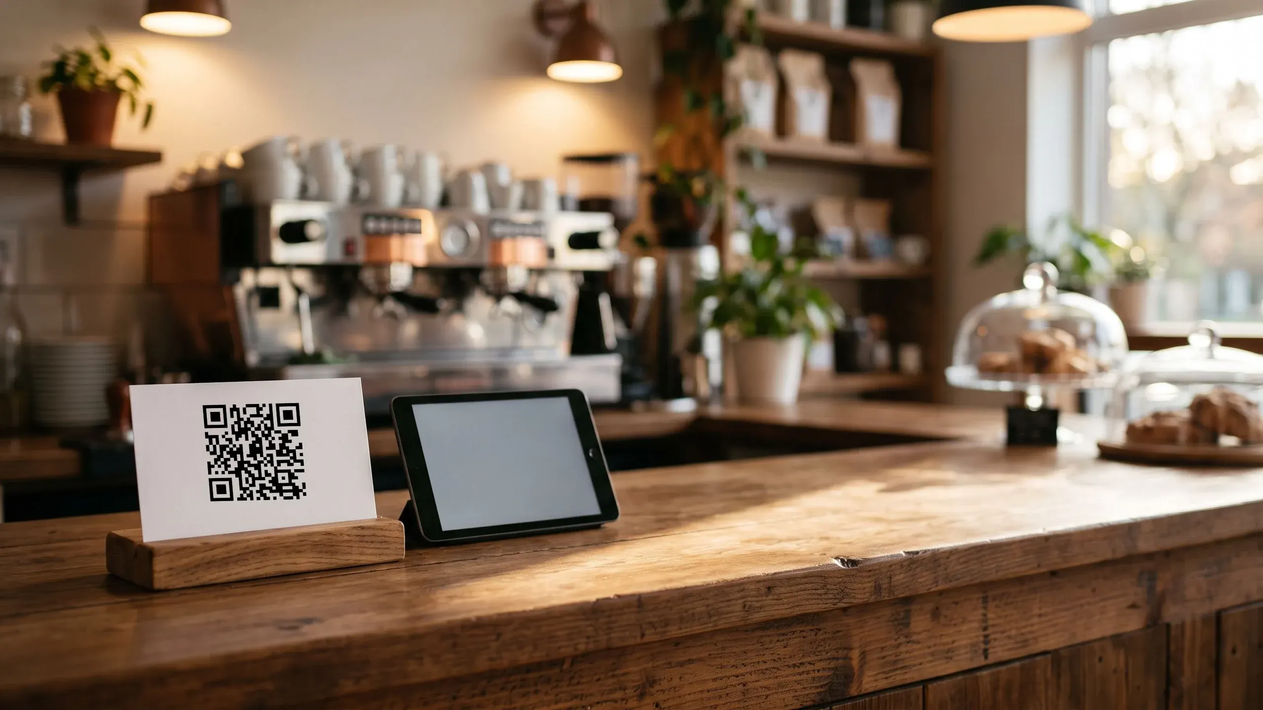 El mostrador de una cafetería con un código QR en un soporte de madera, junto a la caja