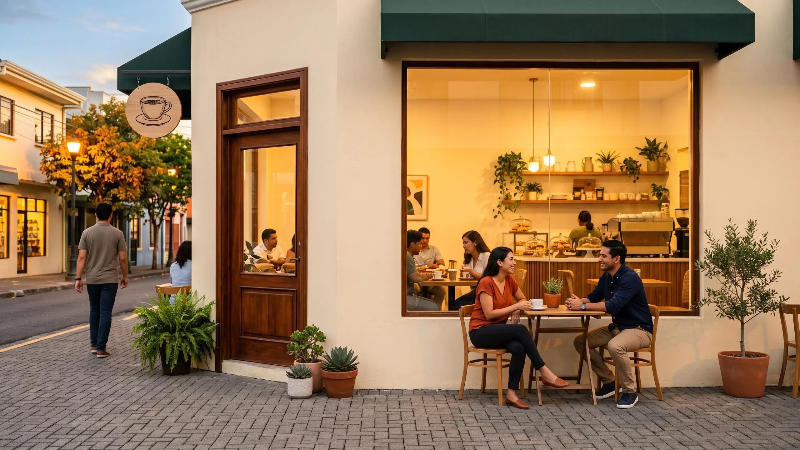 La fachada de una cafetería de barrio al atardecer, con clientes en la vitrina y en la vereda