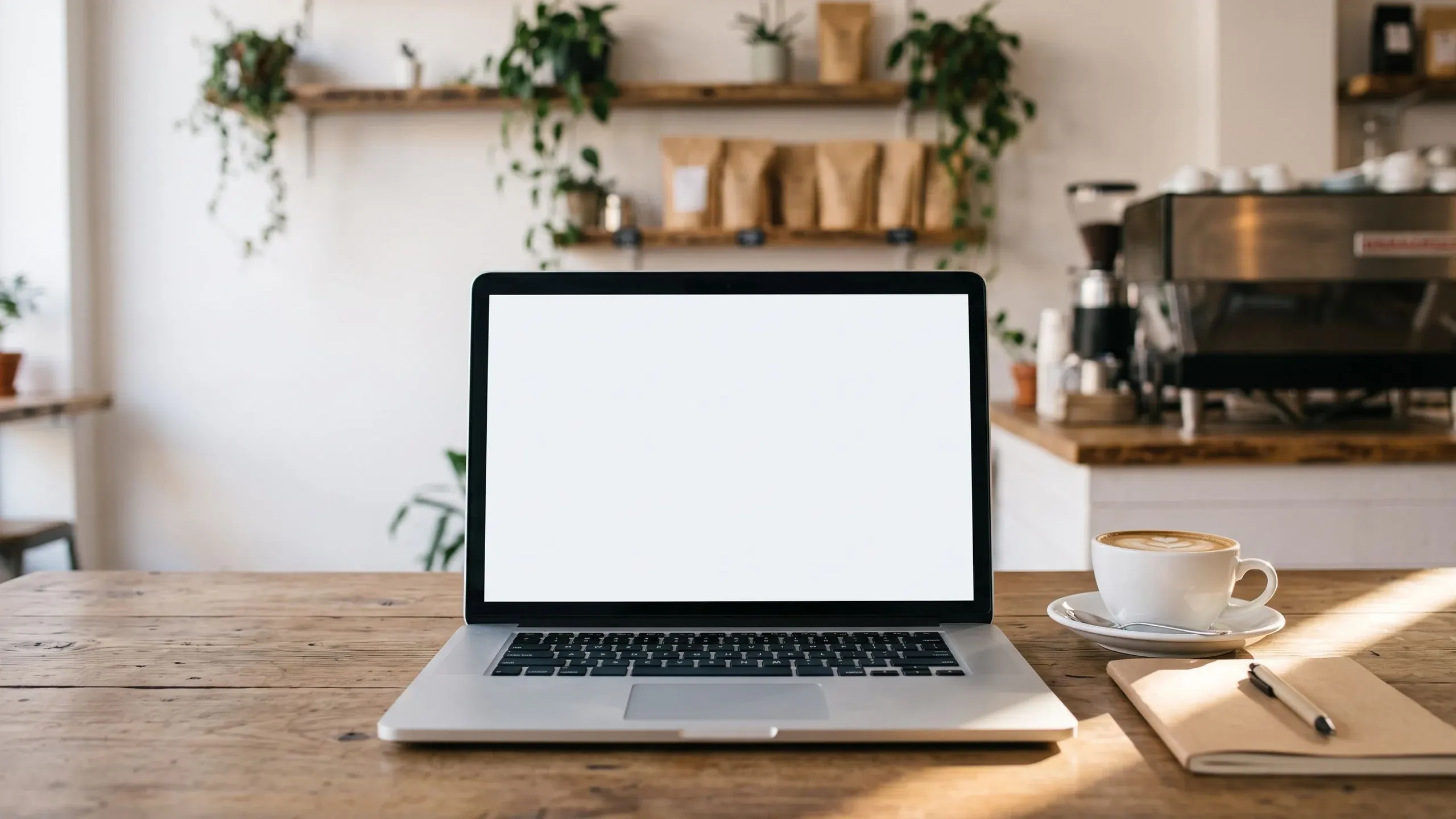 Una laptop abierta sobre una mesa de madera de una cafetería, junto a una taza de café
