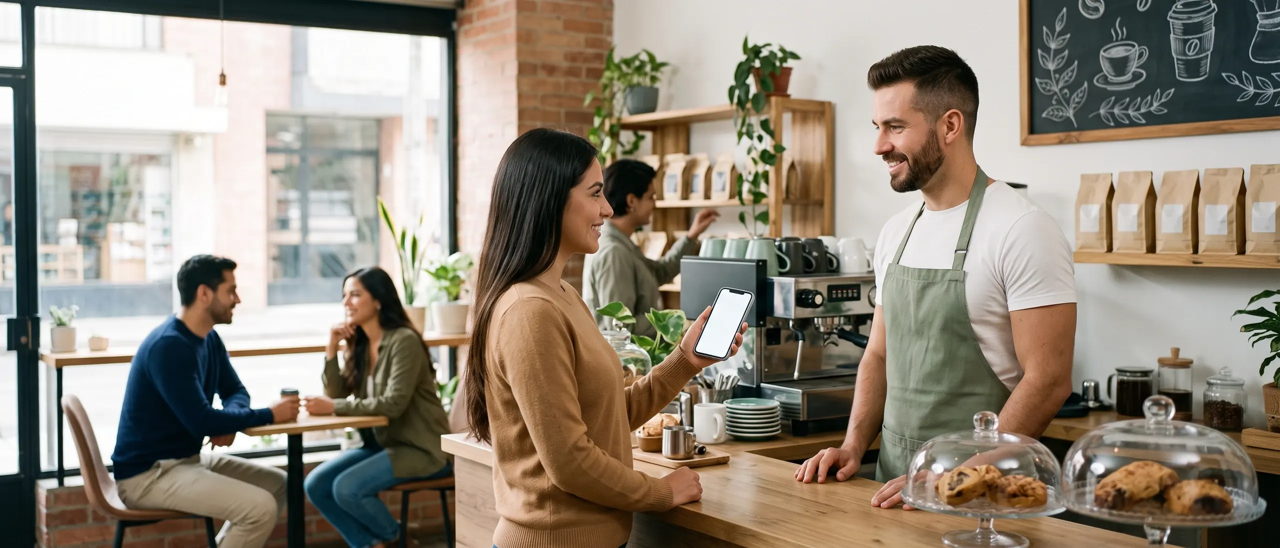 Una clienta le muestra su celular al barista en el mostrador de una cafetería de barrio