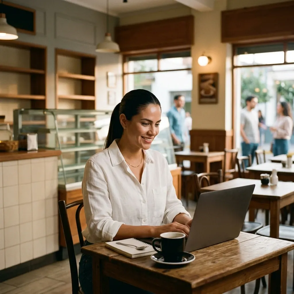 La dueña de una panadería revisa su laptop en una mesa del local, con una taza de café