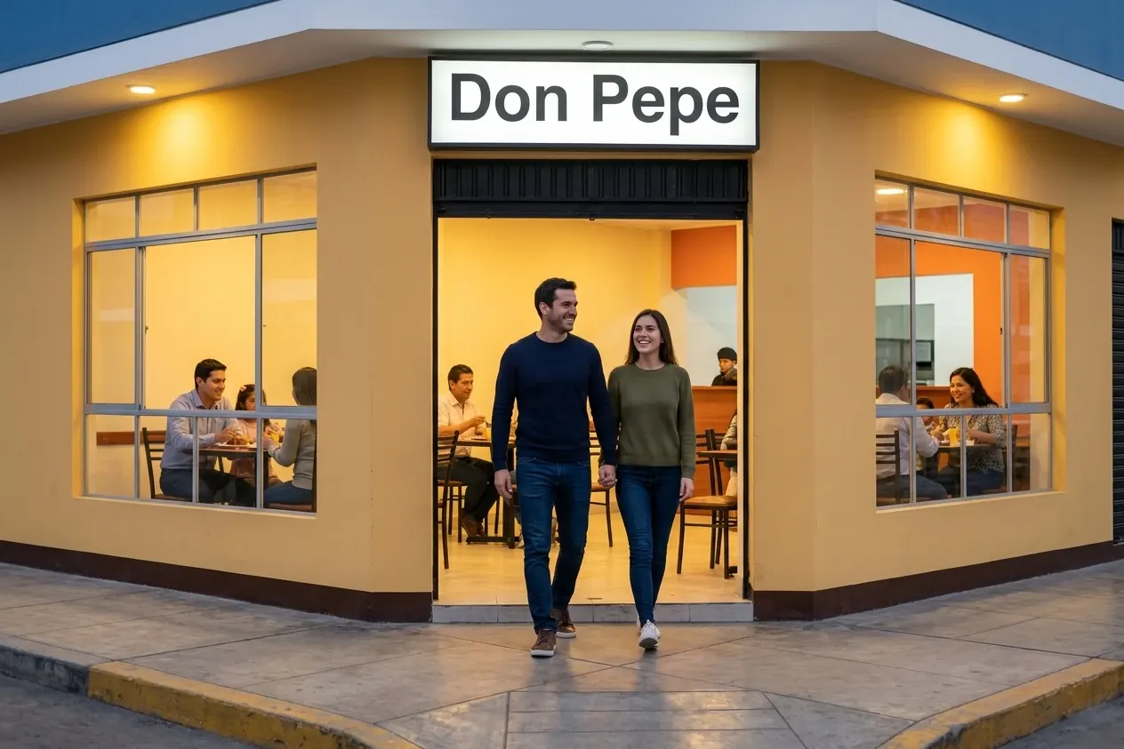 Una pareja sale de Don Pepe, una pollería de esquina, al anochecer