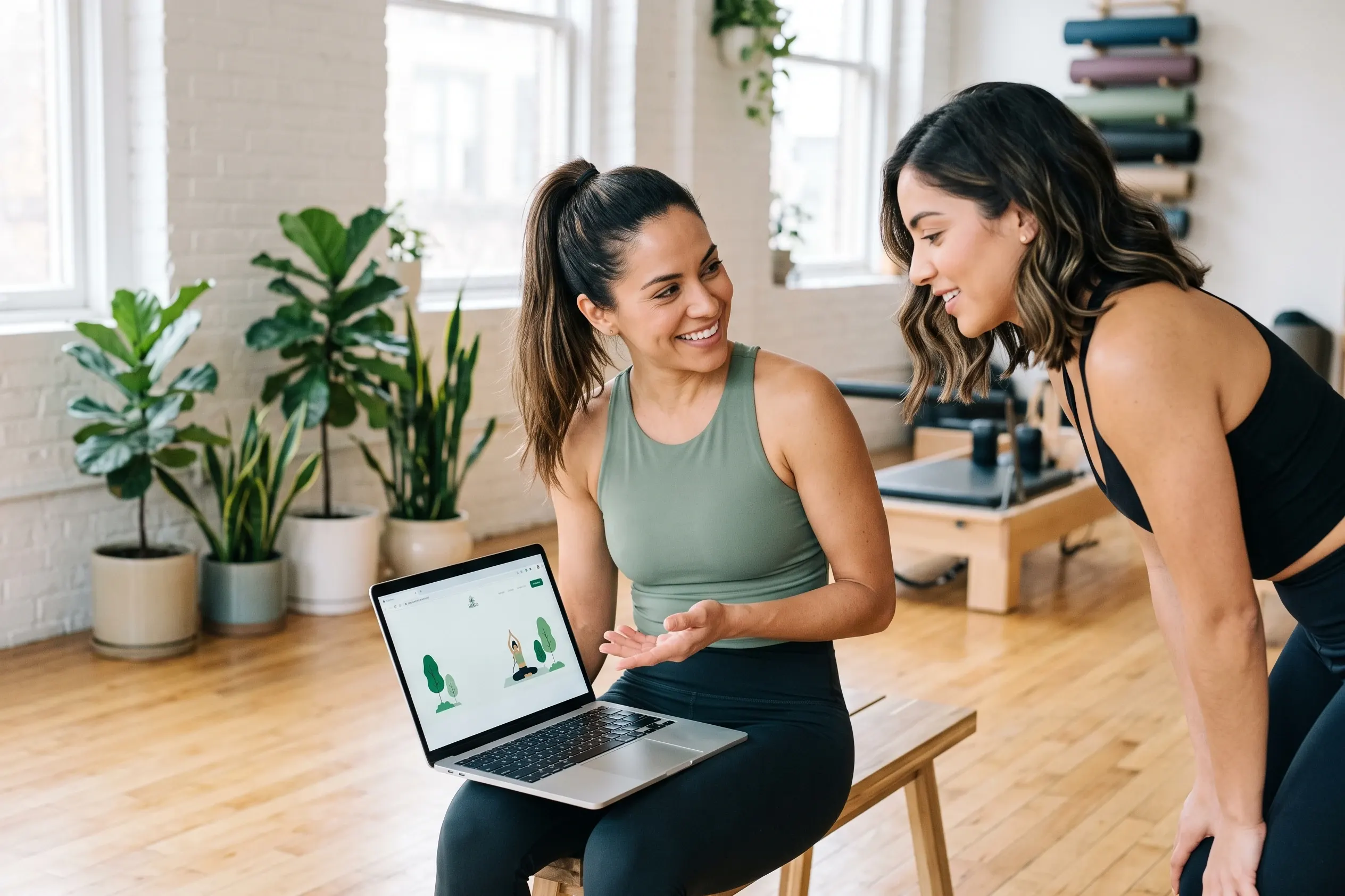 La dueña de un estudio de yoga le muestra su web nueva en el laptop a una compañera
